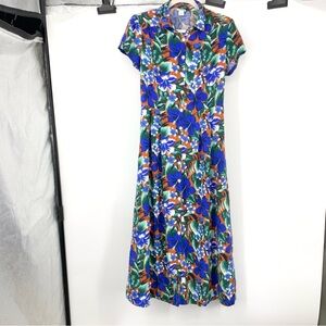 J crew women size small dress button front long midi short sleeve blue floral